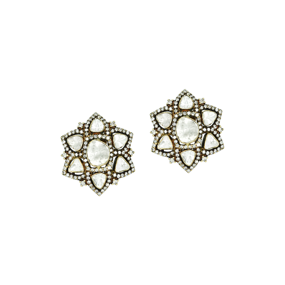 Antique-Finish Polki Floral Earrings